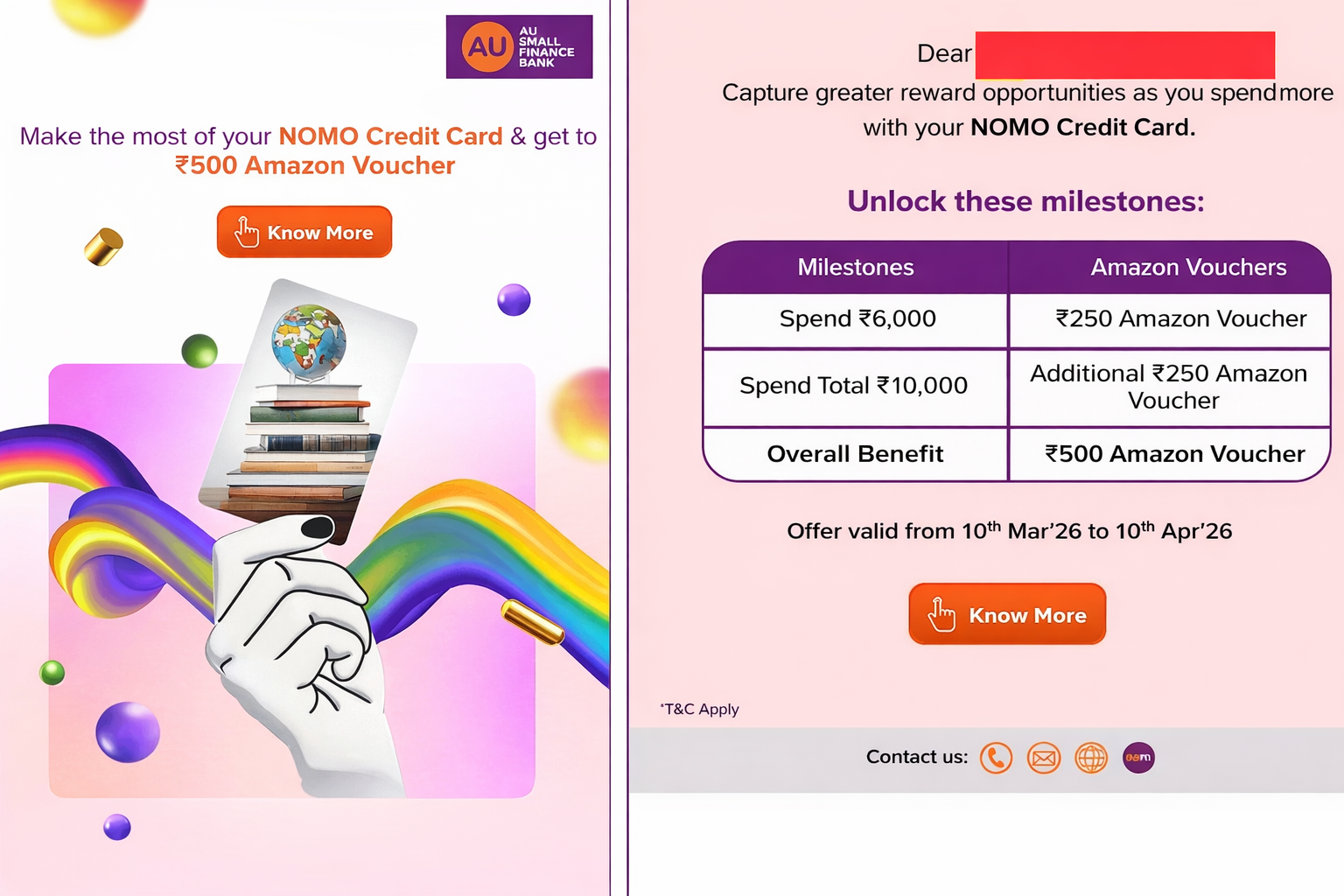 AU Bank Spends Bonanza offer banner showing Amazon Voucher rewards for credit card milestones