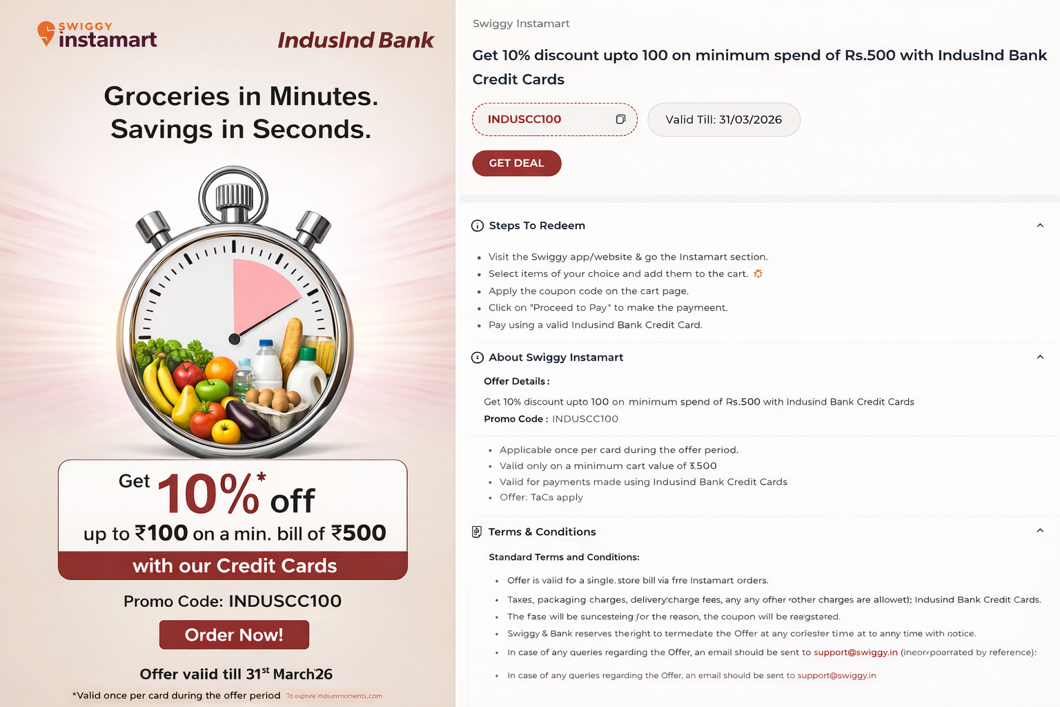 IndusInd Bank Swiggy Instamart Offer banner showing 10% discount up to Rs. 100